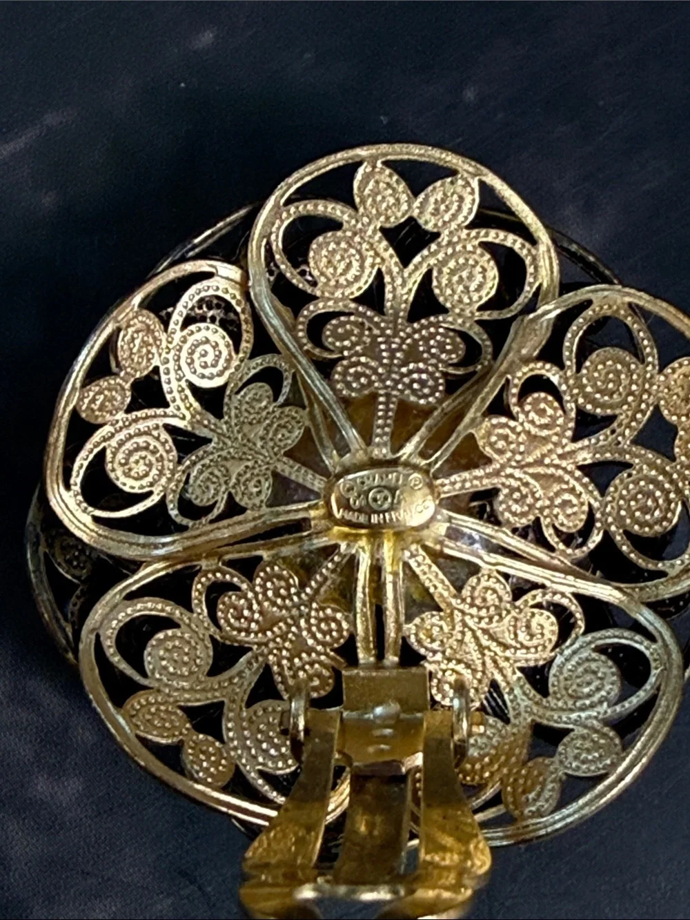 CHANEL Gold Filigree Floral Clip-On Earrings with Olive Center